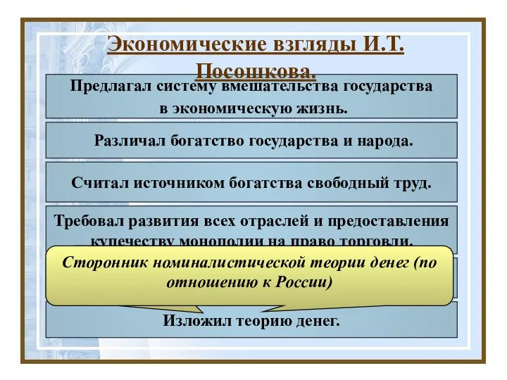 Предлагал систему вмешательства государства в экономическую жизнь. Различал богатство государства и