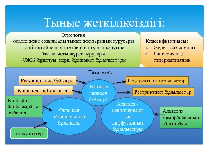 Тыныс жеткіліксіздігі: Этиология -жедел және созылмалы тыныс жолдарының аурулары -кіші қан