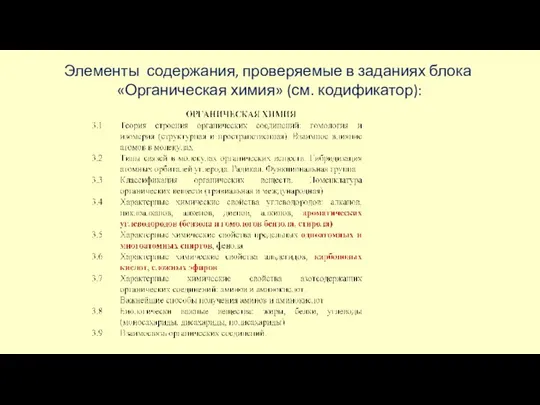 Элементы содержания, проверяемые в заданиях блока «Органическая химия» (см. кодификатор):