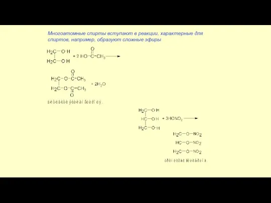 Многоатомные спирты вступают в реакции, характерные для спиртов, например, образуют сложные эфиры