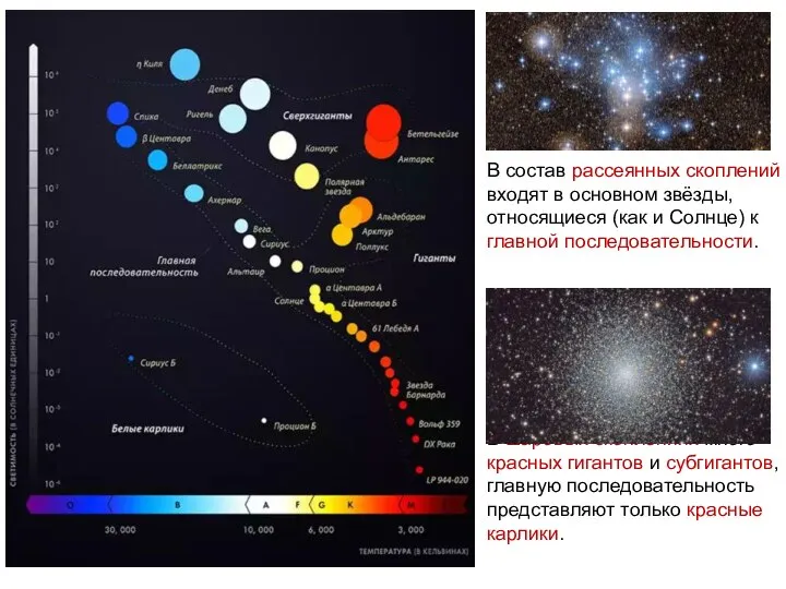 В состав рассеянных скоплений входят в основном звёзды, относящиеся (как и