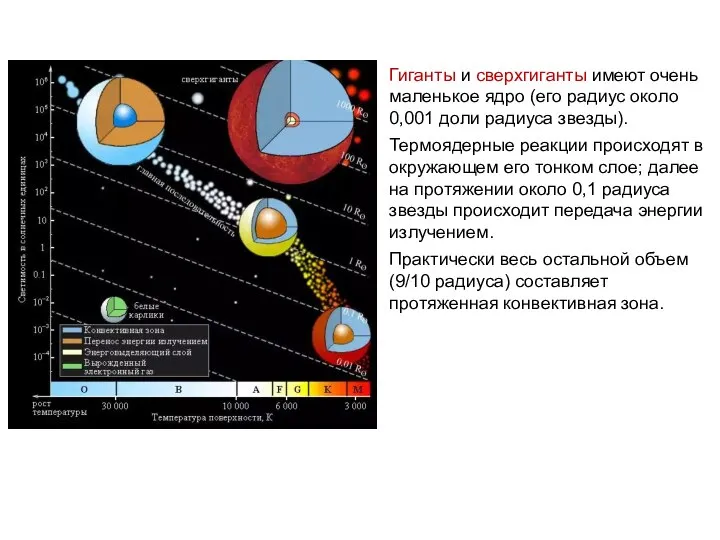 Гиганты и сверхгиганты имеют очень маленькое ядро (его радиус около 0,001