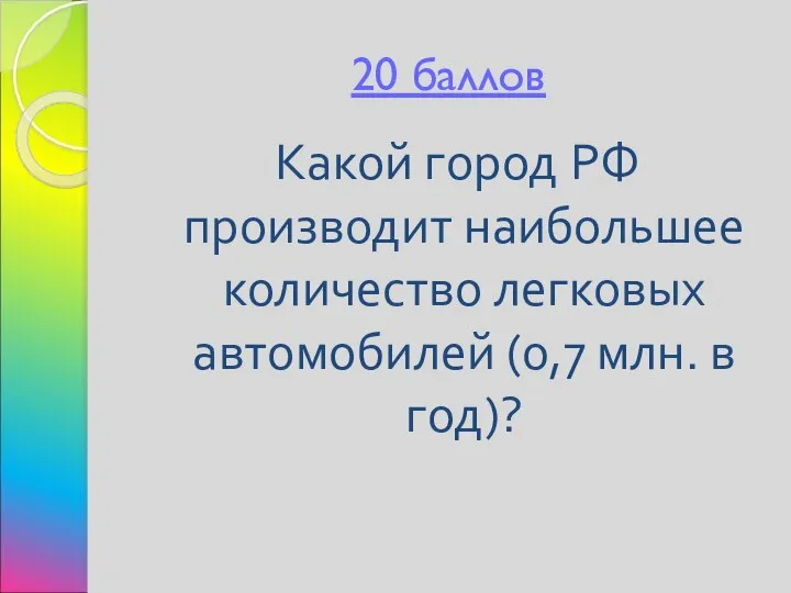 20 баллов Какой город РФ производит наибольшее количество легковых автомобилей (0,7 млн. в год)?