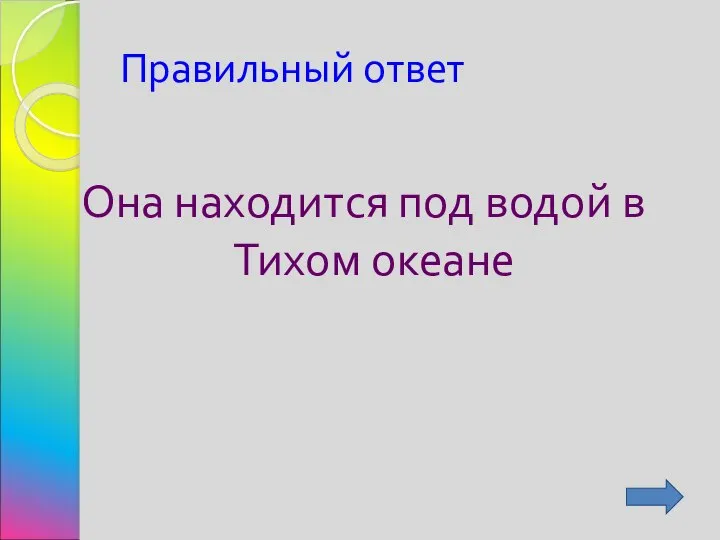 Правильный ответ Она находится под водой в Тихом океане