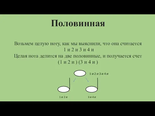 Половинная Возьмем целую ноту, как мы выяснили, что она считается 1