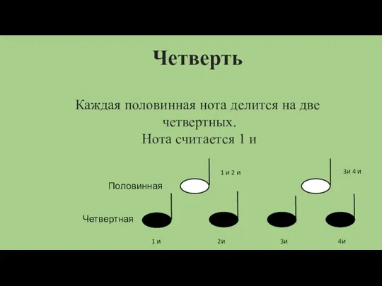 Четверть Каждая половинная нота делится на две четвертных. Нота считается 1