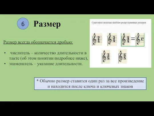 Размер Размер всегда обозначается дробью: числитель – количество длительности в такте