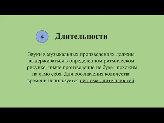 Длительности Звуки в музыкальных произведениях должны выдерживаться в определенном ритмическом рисунке,