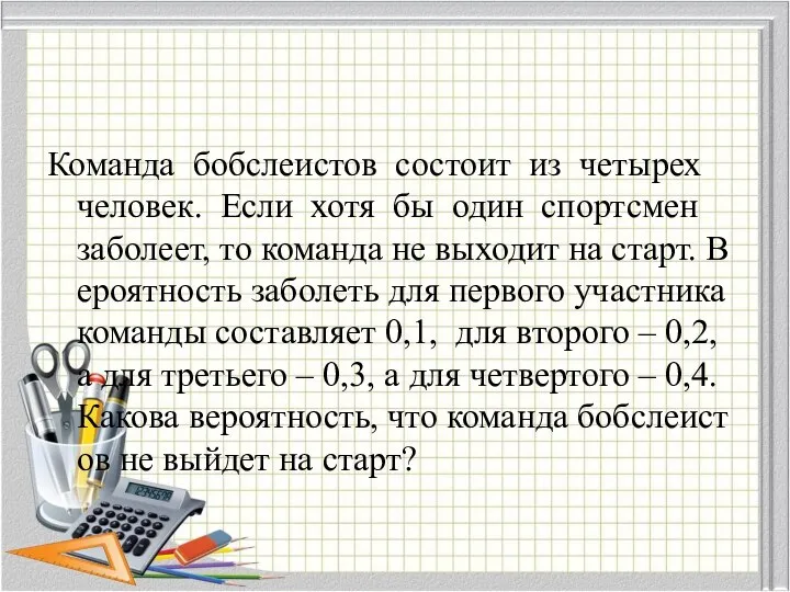 Команда бобслеистов состоит из четырех человек. Если хотя бы один спортсмен