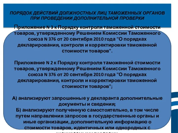 ПОРЯДОК ДЕЙСТВИЙ ДОЛЖНОСТНЫХ ЛИЦ ТАМОЖЕННЫХ ОРГАНОВ ПРИ ПРОВЕДЕНИИ ДОПОЛНИТЕЛЬНОЙ ПРОВЕРКИ Приложение