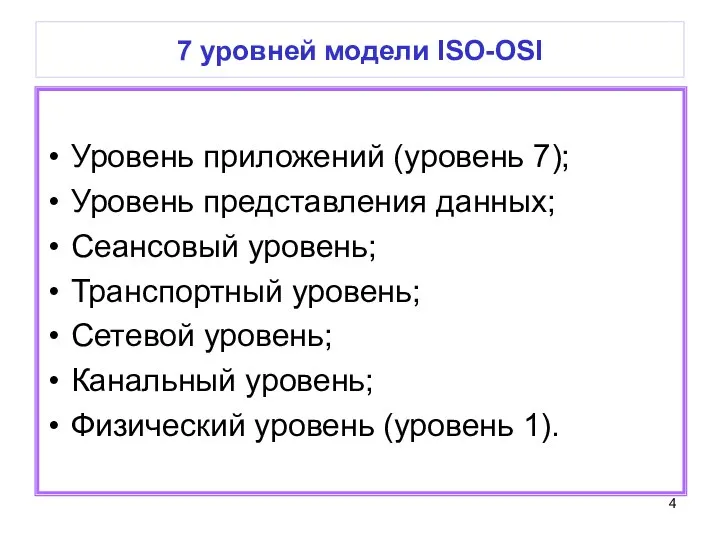 7 уровней модели ISO-OSI Уровень приложений (уровень 7); Уровень представления данных;