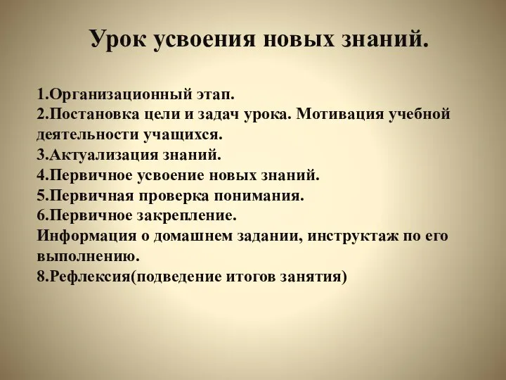 Урок усвоения новых знаний. 1.Организационный этап. 2.Постановка цели и задач урока.