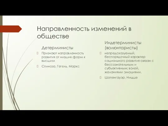 Направленность изменений в обществе Детерминисты Признают направленность развития от низших форм