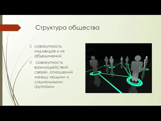 Структура общества совокупность индивидов и их объединений совокупность взаимодействий, связей, отношений между людьми и социальными группами