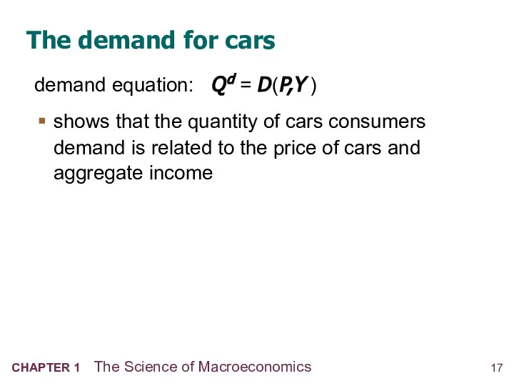 The demand for cars demand equation: Q d = D (P,Y