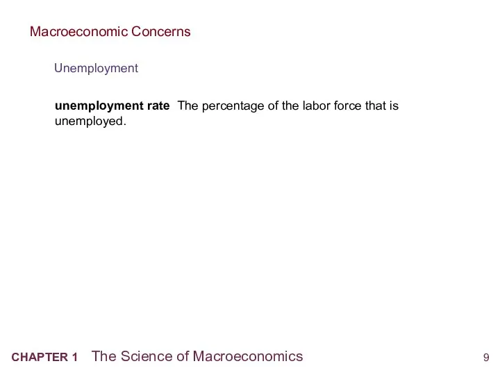 Macroeconomic Concerns Unemployment unemployment rate The percentage of the labor force that is unemployed.