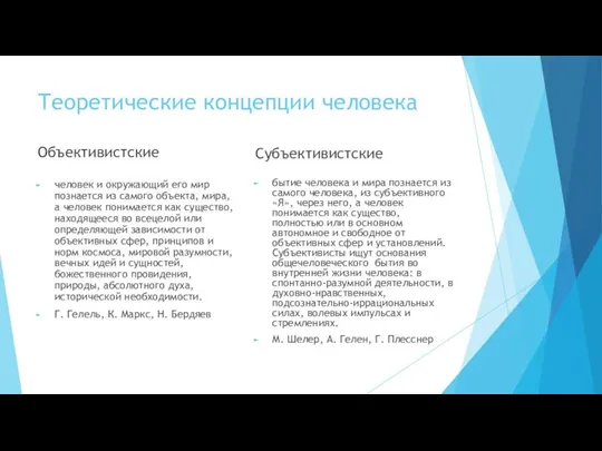 Теоретические концепции человека Объективистские человек и окружающий его мир познается из