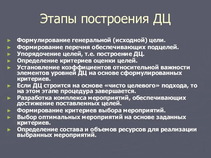 Этапы построения ДЦ Формулирование генеральной (исходной) цели. Формирование перечня обеспечивающих подцелей.