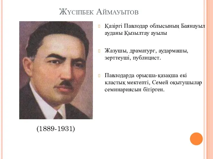 Жүсіпбек Аймауытов Қазіргі Павлодар облысының Баянауыл ауданы Қызылтау ауылы Жазушы, драматург,