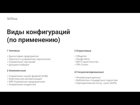 Виды конфигураций (по применению) 1 Типовые Бухгалтерия предприятия Зарплата и управление