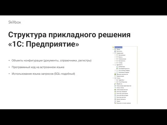 Структура прикладного решения «1С: Предприятие» Объекты конфигурации (документы, справочники, регистры) Программный