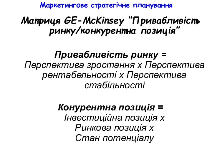 Маркетингове стратегічне планування Матриця GE-McKinsey “Привабливість ринку/конкурентна позиція” Привабливість ринку =