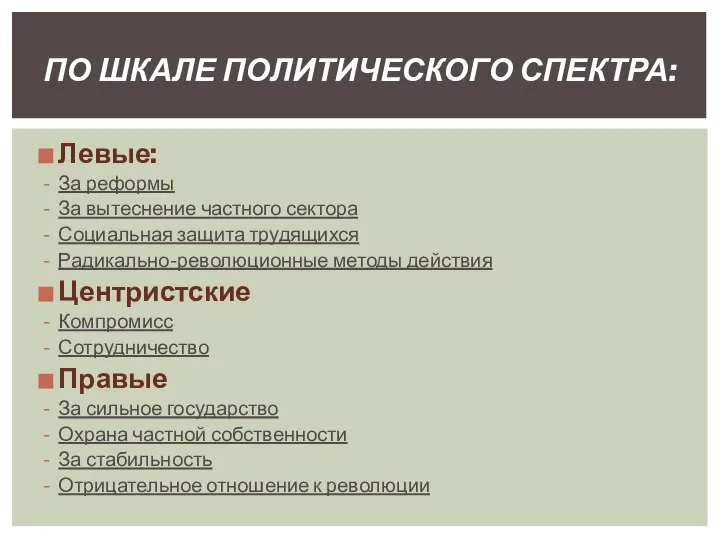 Левые: За реформы За вытеснение частного сектора Социальная защита трудящихся Радикально-революционные