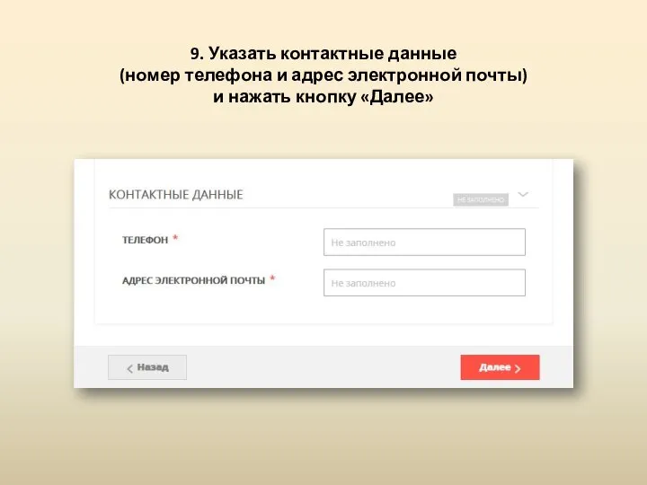 9. Указать контактные данные (номер телефона и адрес электронной почты) и нажать кнопку «Далее»