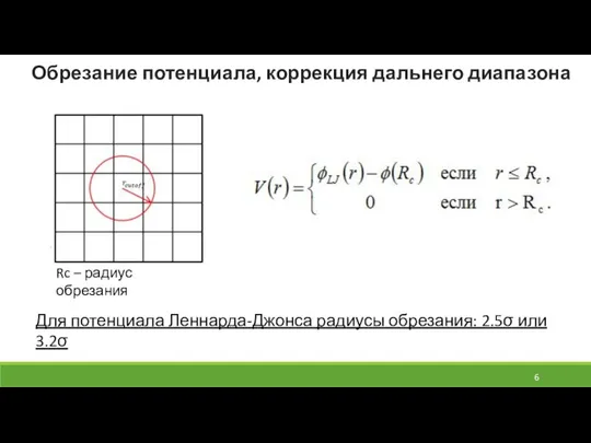 Обрезание потенциала, коррекция дальнего диапазона Rc – радиус обрезания Для потенциала