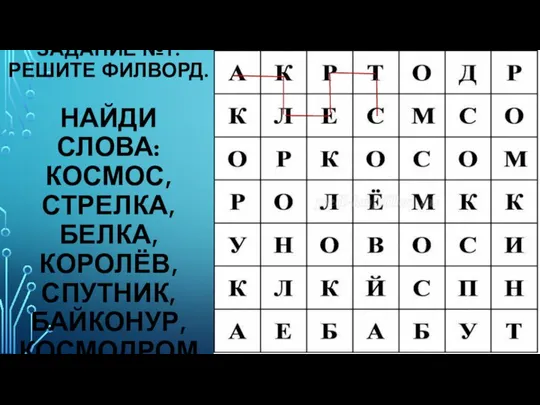 ЗАДАНИЕ №1. РЕШИТЕ ФИЛВОРД. НАЙДИ СЛОВА: КОСМОС, СТРЕЛКА, БЕЛКА, КОРОЛЁВ, СПУТНИК, БАЙКОНУР, КОСМОДРОМ