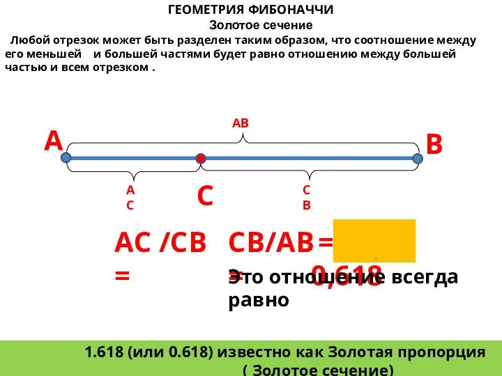 ГЕОМЕТРИЯ ФИБОНАЧЧИ Золотое сечение Любой отрезок может быть разделен таким образом,