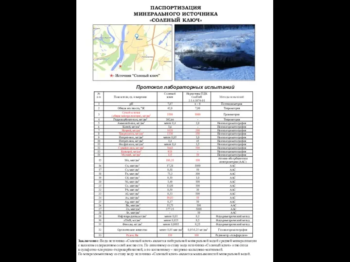 ПАСПОРТИЗАЦИЯ МИНЕРАЛЬНОГО ИСТОЧНИКА «СОЛЕНЫЙ КЛЮЧ» Протокол лабораторных испытаний Заключение: Вода источника