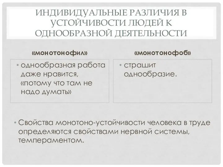 ИНДИВИДУАЛЬНЫЕ РАЗ­ЛИЧИЯ В УСТОЙЧИВОСТИ ЛЮДЕЙ К ОДНООБРАЗНОЙ ДЕЯТЕЛЬНОСТИ «монотонофил» однообразная работа