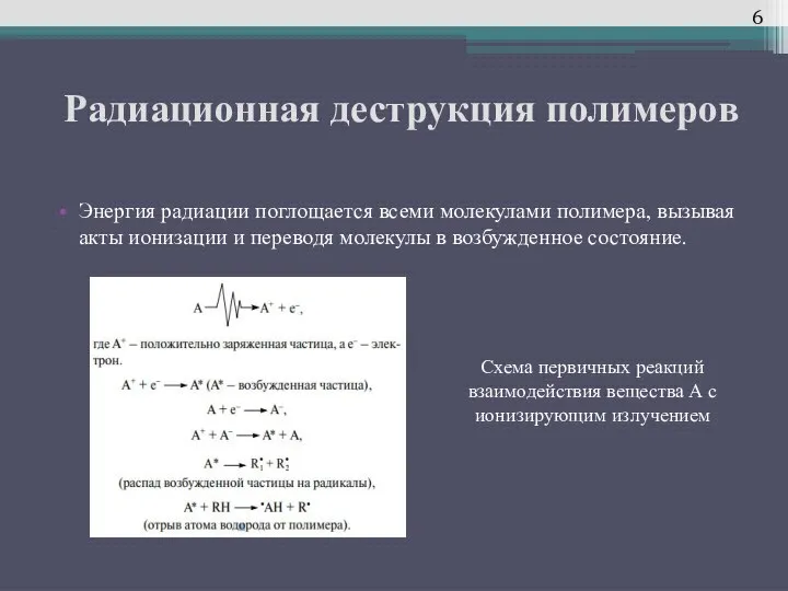 Радиационная деструкция полимеров Энергия радиации поглощается всеми молекулами полимера, вызывая акты