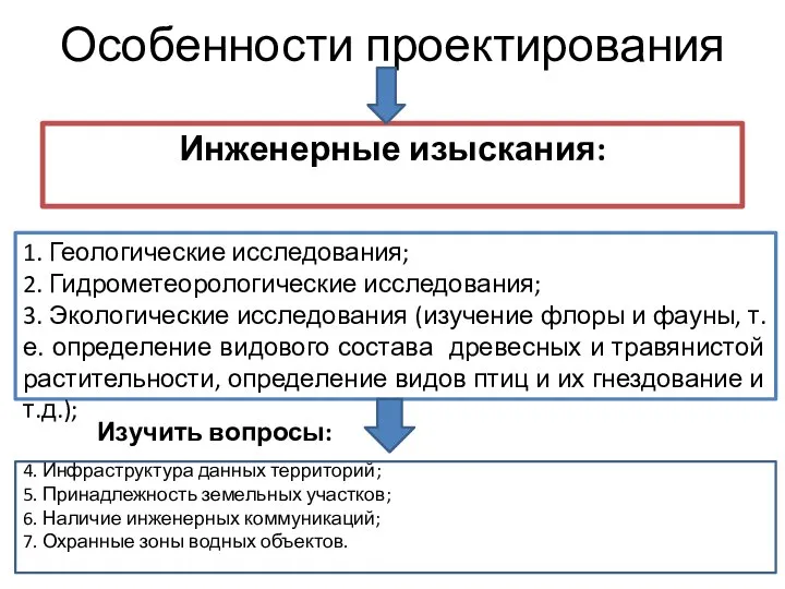 Особенности проектирования Инженерные изыскания: 1. Геологические исследования; 2. Гидрометеорологические исследования; 3.