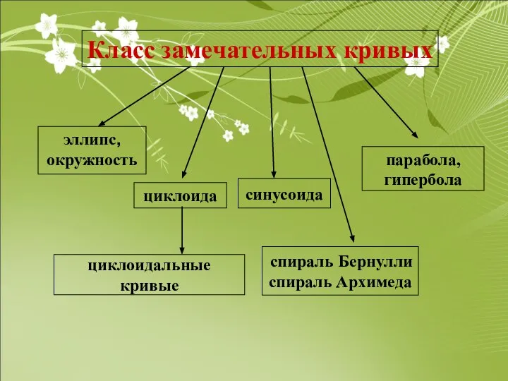 Класс замечательных кривых циклоида спираль Бернулли спираль Архимеда циклоидальные кривые синусоида эллипс, окружность парабола, гипербола