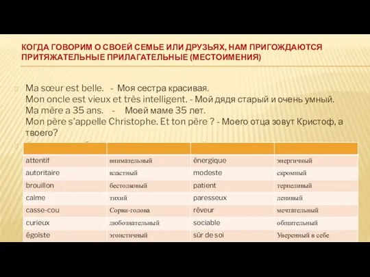 КОГДА ГОВОРИМ О СВОЕЙ СЕМЬЕ ИЛИ ДРУЗЬЯХ, НАМ ПРИГОЖДАЮТСЯ ПРИТЯЖАТЕЛЬНЫЕ ПРИЛАГАТЕЛЬНЫЕ