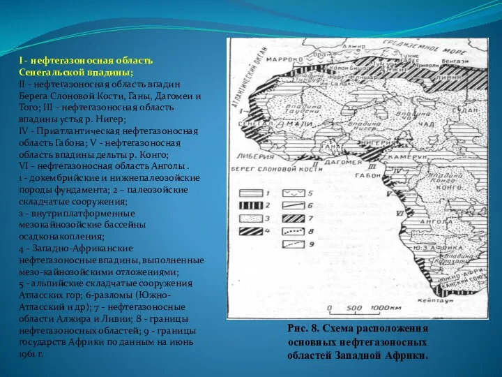Рис. 8. Схема расположения основных нефтегазоносных областей Западной Африки. I -