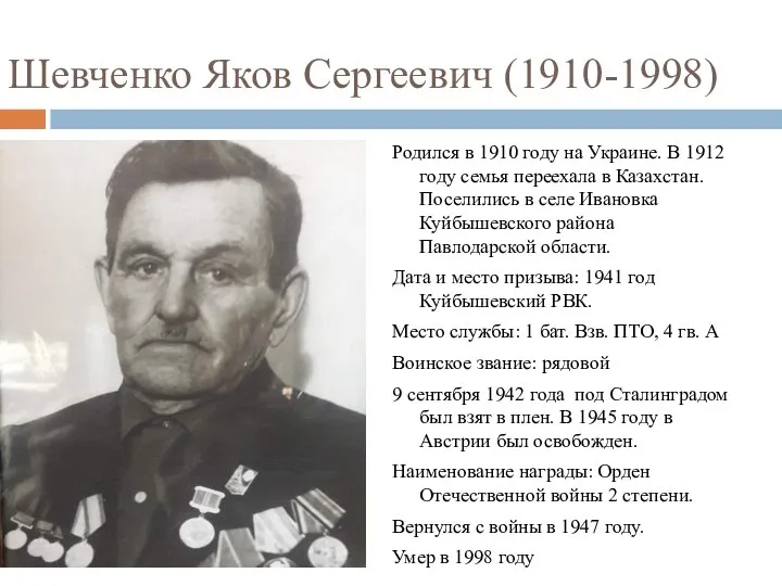 Шевченко Яков Сергеевич (1910-1998) Родился в 1910 году на Украине. В