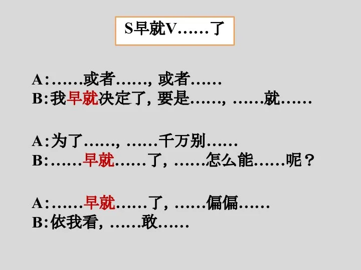 S早就V……了 A：……或者……，或者…… B：我早就决定了，要是……，……就…… A：为了……，……千万别…… B：……早就……了，……怎么能……呢？ A：……早就……了，……偏偏…… B：依我看，……敢……