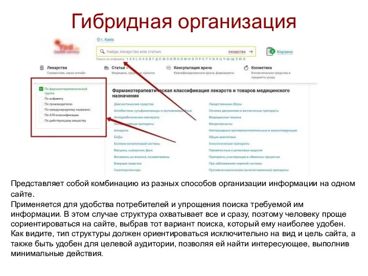 Гибридная организация Представляет собой комбинацию из разных способов организации информации на