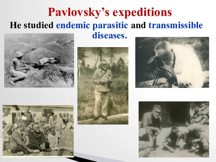 Pavlovsky’s expeditions He studied endemic parasitic and transmissible diseases.