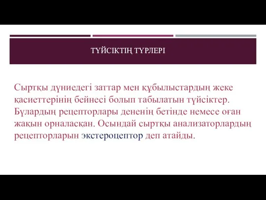 ТҮЙСІКТІҢ ТҮРЛЕРІ Сыртқы дүниедегі заттар мен құбылыстардың жеке қасиеттерінің бейнесі болып