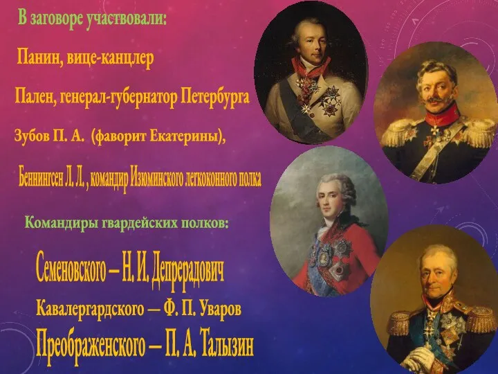 В заговоре участвовали: Панин, вице-канцлер Зубов П. А. (фаворит Екатерины), Пален,