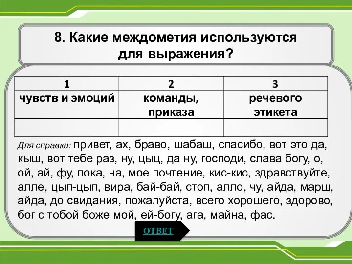 8. Какие междометия используются для выражения? Для справки: привет, ах, браво,