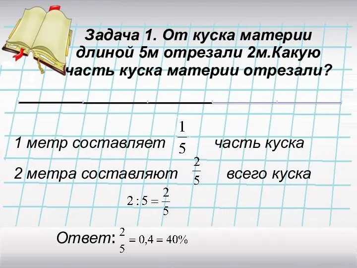 Задача 1. От куска материи длиной 5м отрезали 2м.Какую часть куска