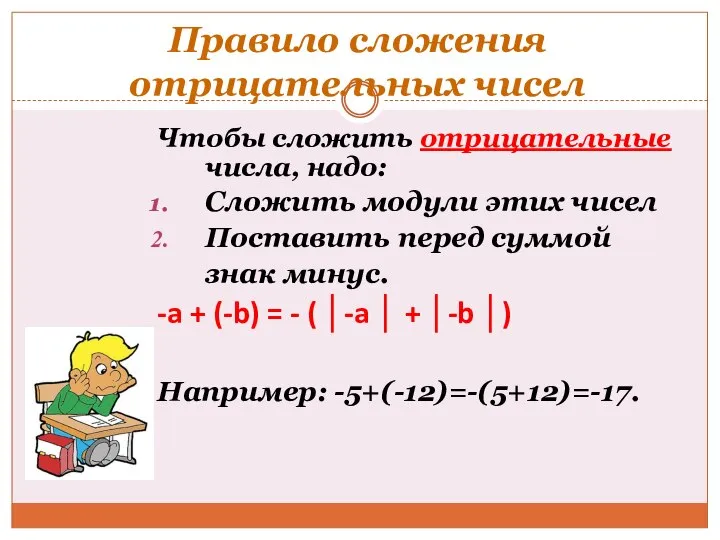 Чтобы сложить отрицательные числа, надо: Сложить модули этих чисел Поставить перед