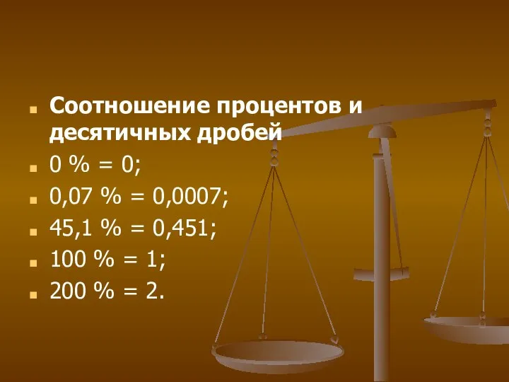 Соотношение процентов и десятичных дробей 0 % = 0; 0,07 %