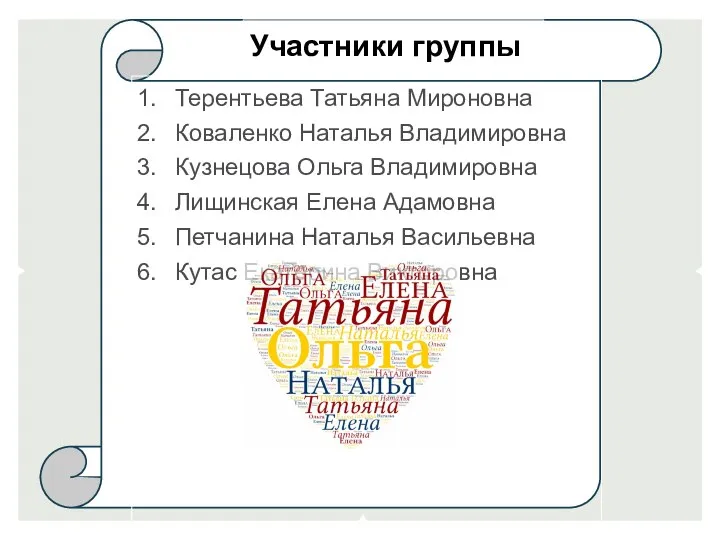 Участники группы Терентьева Татьяна Мироновна Коваленко Наталья Владимировна Кузнецова Ольга Владимировна