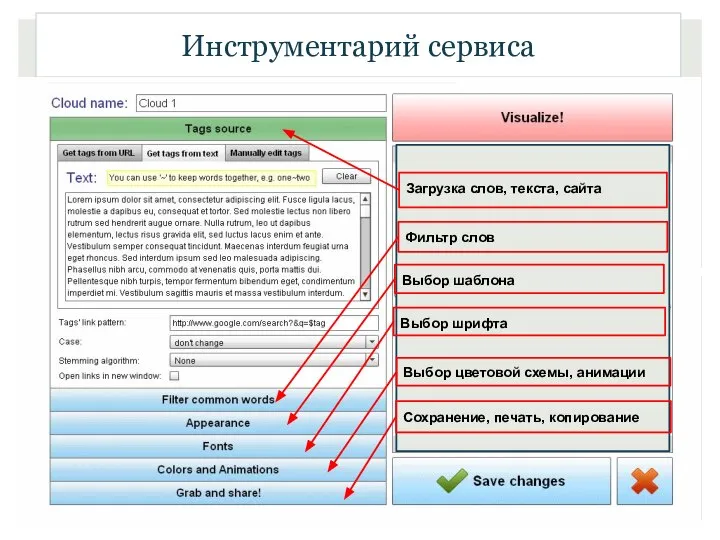 Инструментарий сервиса Сохранение, печать, копирование Выбор цветовой схемы, анимации Выбор шрифта